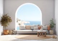 Luxury apartment terrace Santorini Interior of modern living room sofa or couch with beautiful sea view, arched window