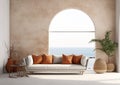 Luxury apartment terrace Santorini Interior of modern living room white sofa or couch with beautiful sea view