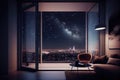 luxury apartment with a view of the city skyline at night, stars shining above Royalty Free Stock Photo