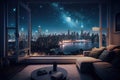 luxury apartment with a view of the city skyline at night, stars shining above Royalty Free Stock Photo