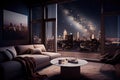 luxury apartment with a view of the city skyline at night, stars shining above Royalty Free Stock Photo