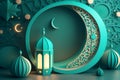 Luxury Arabic traditional Ramadan Kareem eastern lanterns garland with crescent moon Banner, Generative AI