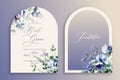 Luxury arch wedding invitation card background with garden watercolor climbing peas. Abstract floral art background