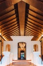 Luxury asian Thai resort entrance with high wooden ceiling, warm