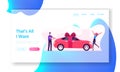 Luxury Automobile Gift for Girlfriend Website Landing Page. Man Giving Car with Bow as Present to Happy Surprised Woman