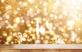 Luxury background, Wooden desk with Luxury gold Bokeh light with fireworks background Royalty Free Stock Photo