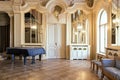 Luxury ballroom with old piano. Royalty Free Stock Photo