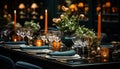 Luxury banquet, elegant decor, candlelit table, wineglass, champagne, celebration generated by AI