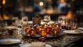 Luxury bar, candlelit celebration, wineglass, wine bottle, elegant meal generated by AI