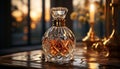 Luxury bar, elegant wood, shiny wine bottle, glamorous crystal vase