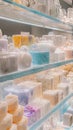 A luxury bath products store with soaps, salts, and loofahs in elegant Royalty Free Stock Photo