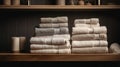 Luxury Bath Towels Stacked Neatly On A Wooden Shelf