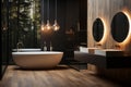 A luxury bathroom design, blending wood, hanging lamps in modern style