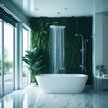 Luxury Bathroom With Green Plant Accent Wall Behind White Ceramic Bathtub, Marble Floor, Metal details, Big Window with Lots Of Royalty Free Stock Photo