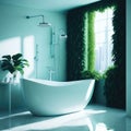 Luxury Bathroom With Green Plant Accent Wall Behind White Ceramic Bathtub, Marble Floor, Metal details, Big Window with Lots Of Royalty Free Stock Photo