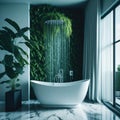 Luxury Bathroom With Green Plant Accent Wall Behind White Ceramic Bathtub, Marble Floor, Metal details, Big Window with Lots Of Royalty Free Stock Photo