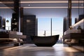 Luxury bathroom interior with black bathtub and window city view
