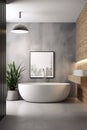 Luxury bathroom interior. Modern big gray bathtub and wood walls. Generative AI Royalty Free Stock Photo