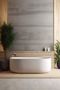 Luxury bathroom interior. Modern big gray bathtub and wood walls. Generative AI Royalty Free Stock Photo