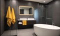 Luxury Bathroom Interior With Shower, Toilet, Mirror And Yellow Towels Royalty Free Stock Photo