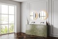 Luxury bathroom interior with two washbasins and panoramic window, accessories Royalty Free Stock Photo