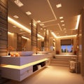 Luxury bathroom interior with window, lighting ceiling and bathtub Royalty Free Stock Photo