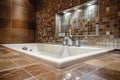 Luxury bathroom with a large tub and mosaic tile walls in warm tones