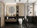 Luxury bathroom with marble tiles modern home bathroom interior with dark cabinets, white marble, walk in shower Royalty Free Stock Photo