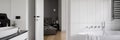 Luxury bathroom next to bedroom, panorama Royalty Free Stock Photo