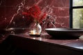 Luxury bathroom with rosso levanto marble, known for its deep red tones and distinctive white veining, evoking classical elegance