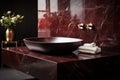 Luxury bathroom with rosso levanto marble, known for its deep red tones and distinctive white veining, evoking classical elegance