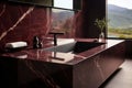 Luxury bathroom with rosso levanto marble, known for its deep red tones and distinctive white veining, evoking classical elegance