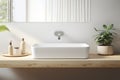 A luxury bathroom vanity in the bathroom with a beautiful white ceramic sink