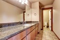 Luxury bathroom with vanity cabinet with granite counter top and large mirror. Royalty Free Stock Photo