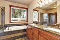 Luxury bathroom with vanity cabinet with granite counter top and large mirror. Royalty Free Stock Photo