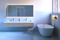 Luxury bathroom with window and marble floor. 3d render. Royalty Free Stock Photo