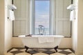 Luxury bathtub with relaxing ambient window with scenic sea vie