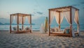 Luxury Beach Cabanas with Surfboard at Twilight Royalty Free Stock Photo