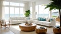 Luxury beach house. home interior space living room. sofa on wooden floor with ocean seaside blue sky view, sea beach, summer Royalty Free Stock Photo