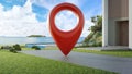 Luxury beach house with location pin icon on concrete road in real estate sale or property investment concept. Buying land for new Royalty Free Stock Photo