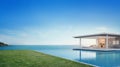 Luxury beach house and sea view swimming pool near empty grass floor deck in modern design, Vacation home or hotel for big family Royalty Free Stock Photo