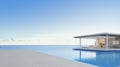 Luxury beach house and sea view swimming pool near empty wooden floor deck in modern design, Vacation home or hotel for big family Royalty Free Stock Photo