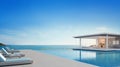 Luxury beach house with sea view swimming pool and terrace in modern design, Lounge chairs on wooden floor deck at vacation home Royalty Free Stock Photo