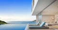 Luxury beach house with sea view swimming pool and terrace near living room in modern design, Vacation home or holiday villa Royalty Free Stock Photo