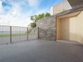 Luxury beach house with sea view and wooden door in modern design. Empty concrete floor car park at vacation home. Royalty Free Stock Photo