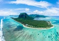 Luxury beach with Le Morne mountain in Mauritius. Beach with palms and blue ocean. Aerial view.  Mauritius island panorama Royalty Free Stock Photo