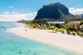 Luxury beach and Le Morne mountain in Mauritius. Holiday Beach with palms and blue ocean. Aerial view Royalty Free Stock Photo