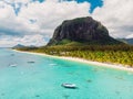Luxury beach with Le Morne mountain in Mauritius. Beach with palms and ocean. Aerial view Royalty Free Stock Photo
