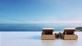 Luxury beach Lounge chair on the balcony overlooking the sea view - 3D rendering Royalty Free Stock Photo