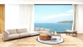 Luxury beach and Modern living of a simple relaxation area in beautiful sea view - Wooden floor background Royalty Free Stock Photo